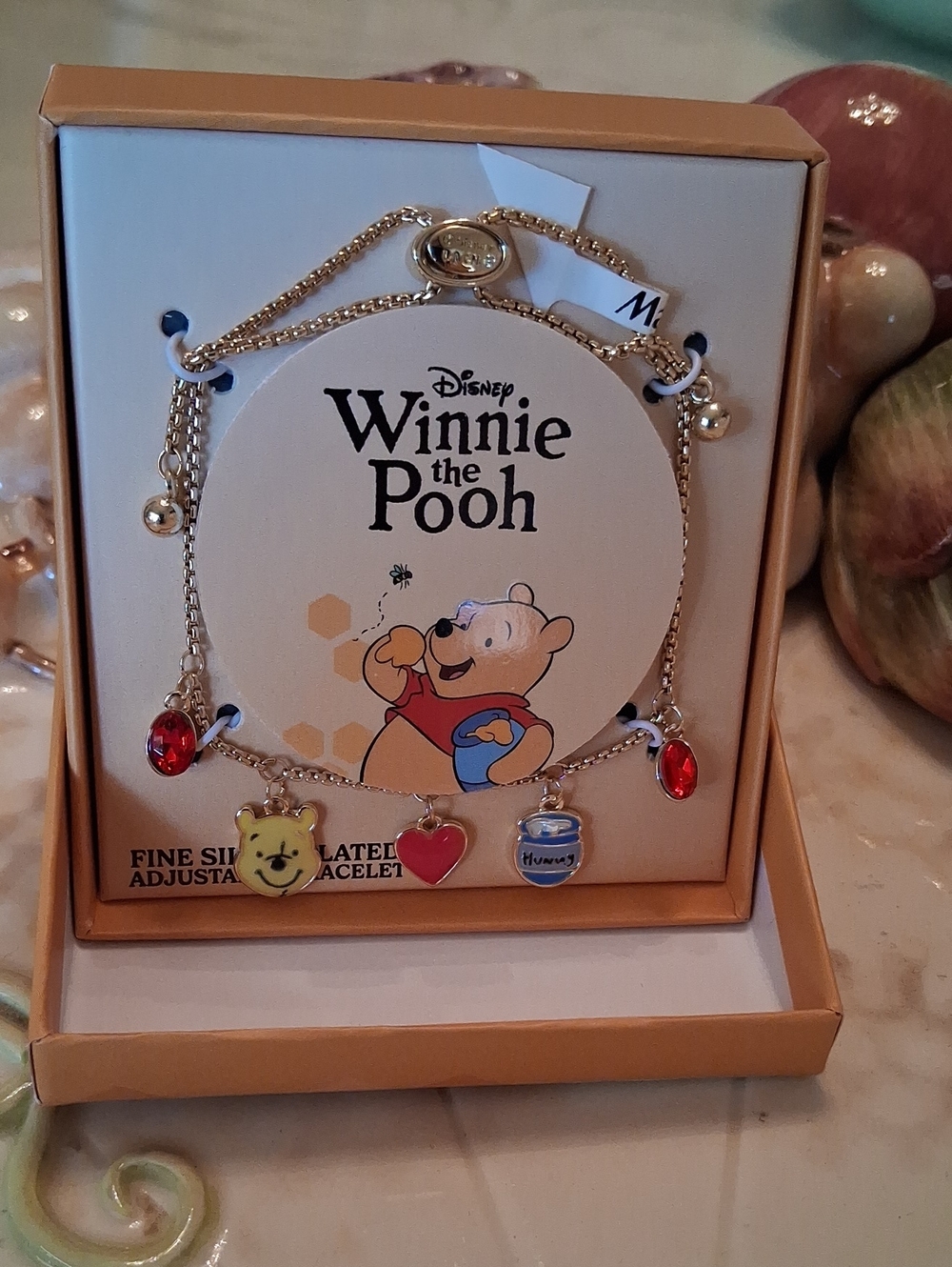 Disney Winnie the Pooh Gold Charm Bracelet W/ Red & Blue Accents.NWT. Super Cute